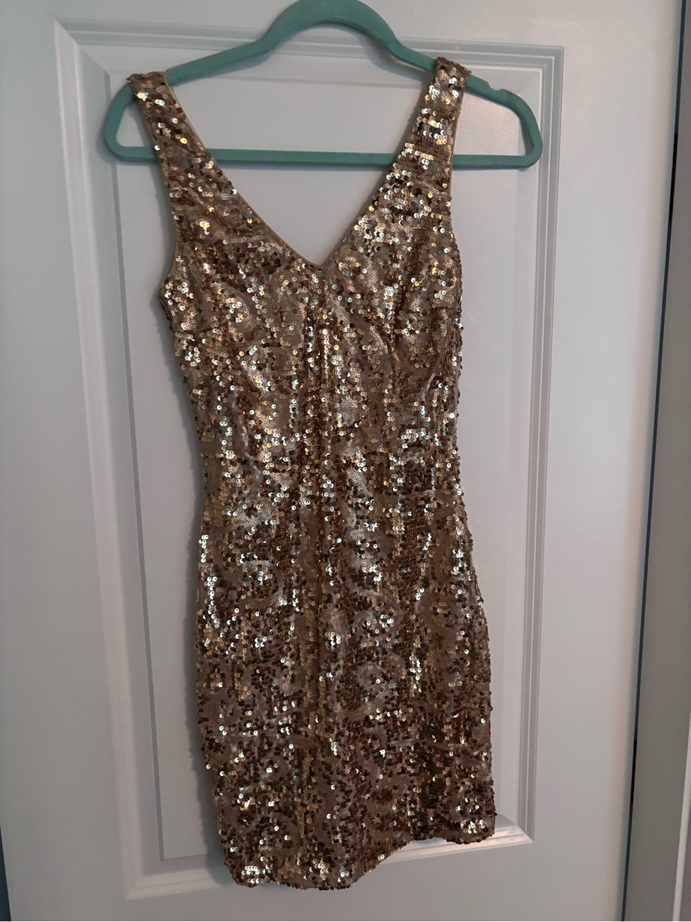 bebe Gold Sequin V-Neck Mini Dress